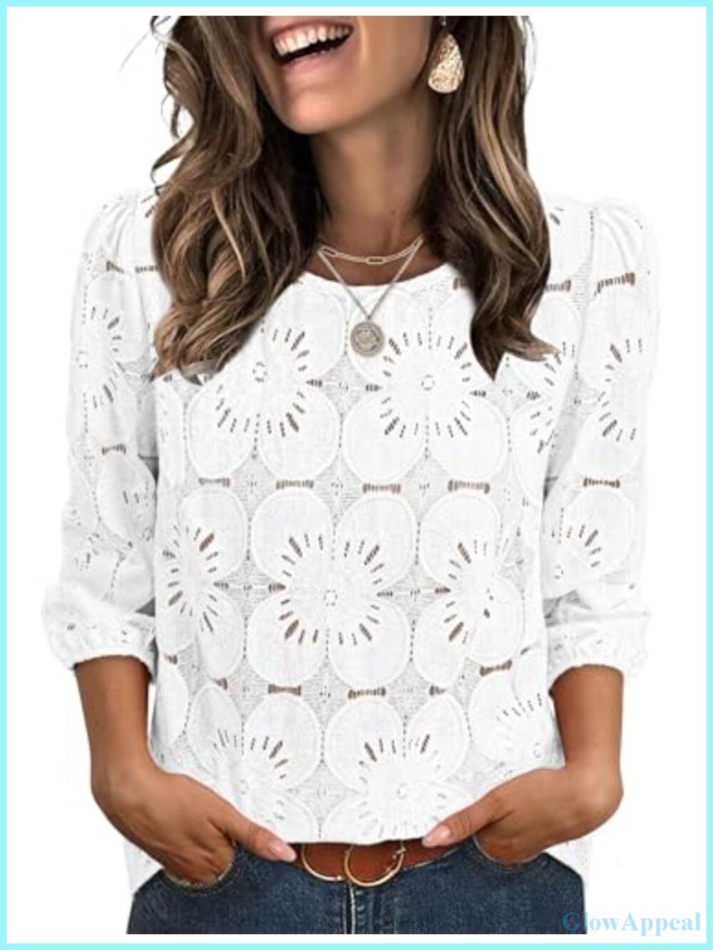 Sampeel Women's 3/4 Sleeve Eyelet Lace Blouse Puff Sleeve Dressy Casual Top